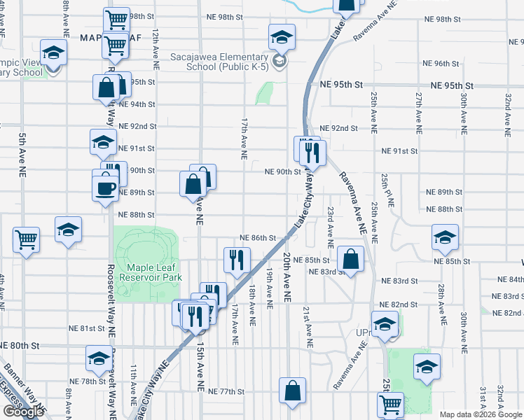 map of restaurants, bars, coffee shops, grocery stores, and more near 1728 Northeast 88th Street in Seattle