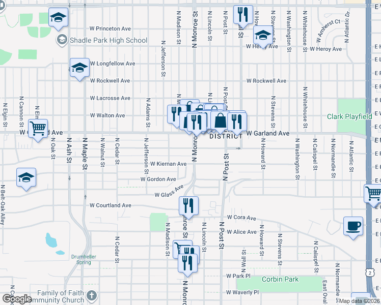 map of restaurants, bars, coffee shops, grocery stores, and more near 1001 West Providence Avenue in Spokane