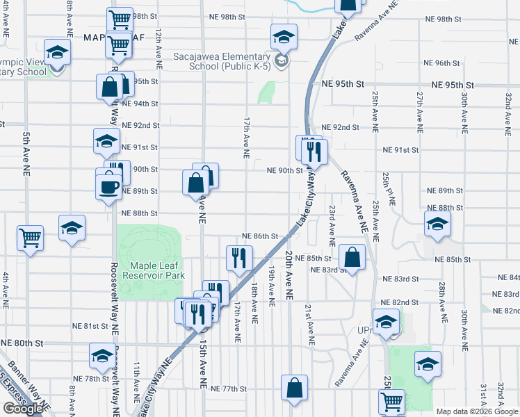 map of restaurants, bars, coffee shops, grocery stores, and more near 1728 Northeast 88th Street in Seattle