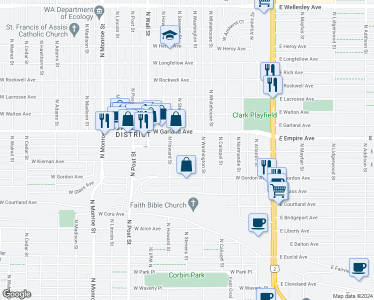 map of restaurants, bars, coffee shops, grocery stores, and more near 501 West Providence Avenue in Spokane