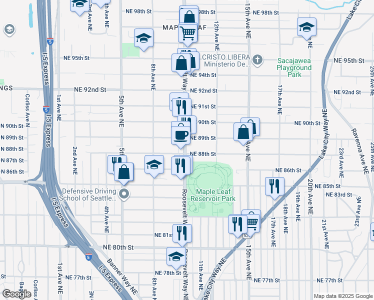 map of restaurants, bars, coffee shops, grocery stores, and more near 8806 Roosevelt Way Northeast in Seattle