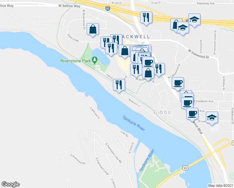 map of restaurants, bars, coffee shops, grocery stores, and more near 1815 Bellerive Lane in Coeur d'Alene