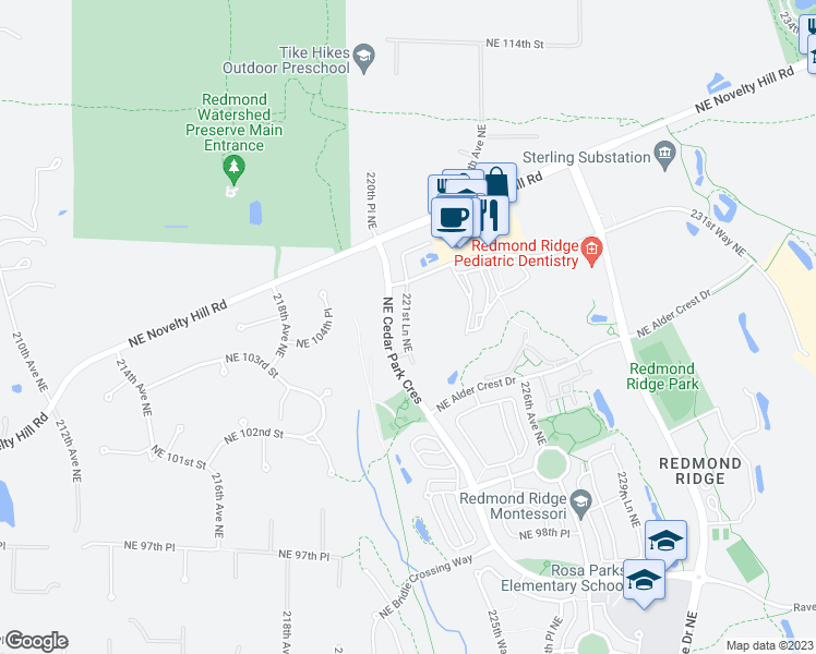 map of restaurants, bars, coffee shops, grocery stores, and more near 10611 221st Lane Northeast in Redmond