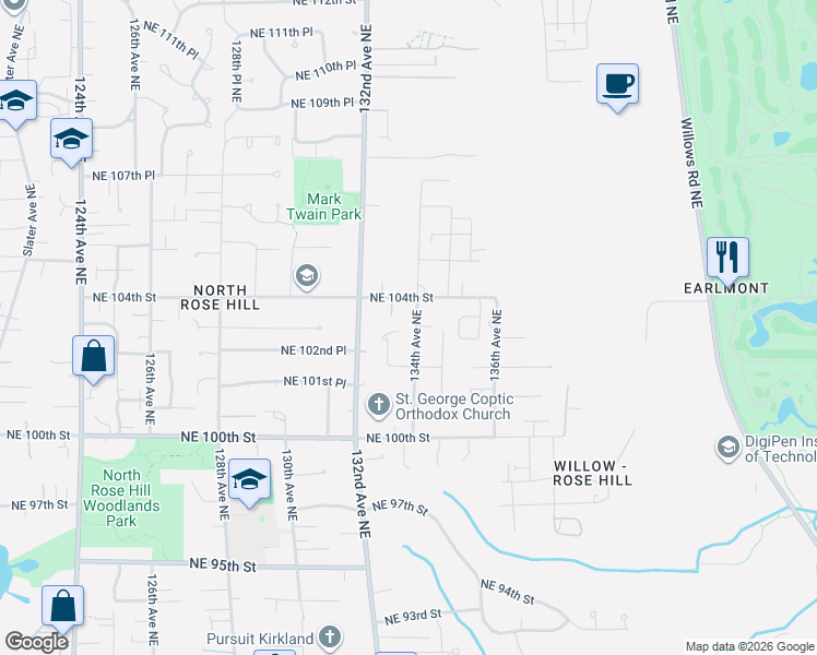 map of restaurants, bars, coffee shops, grocery stores, and more near 10237 134th Avenue Northeast in Kirkland