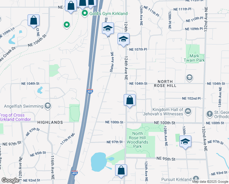 map of restaurants, bars, coffee shops, grocery stores, and more near 12216 Northeast 103rd Lane in Kirkland