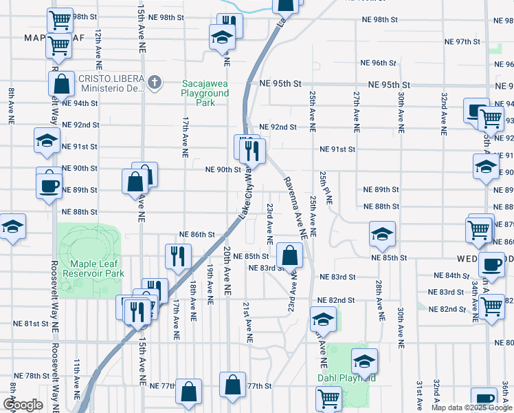 map of restaurants, bars, coffee shops, grocery stores, and more near 8830 Lake City Way Northeast in Seattle