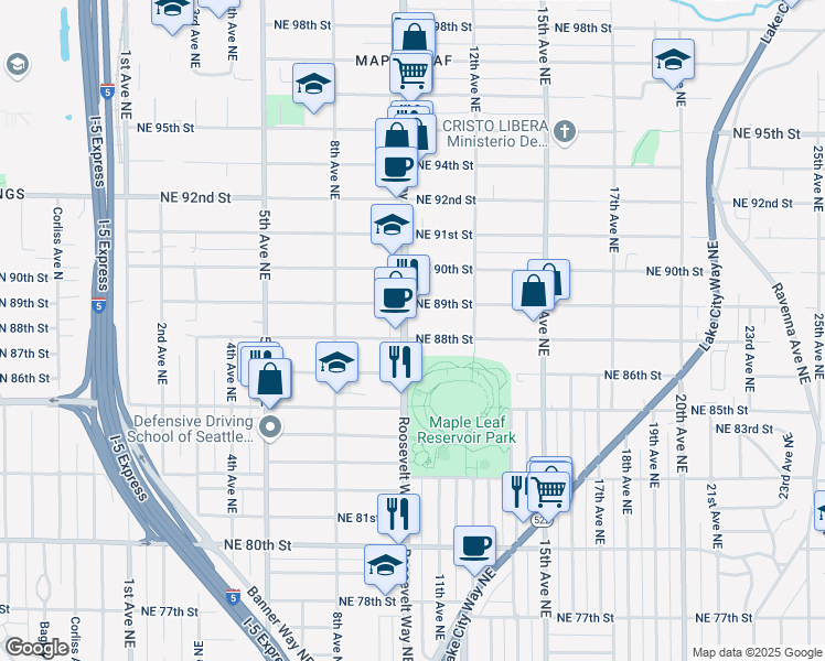 map of restaurants, bars, coffee shops, grocery stores, and more near 8806 Roosevelt Way Northeast in Seattle