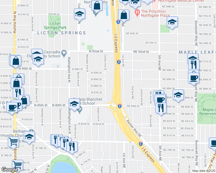 map of restaurants, bars, coffee shops, grocery stores, and more near 8804 Corliss Avenue North in Seattle