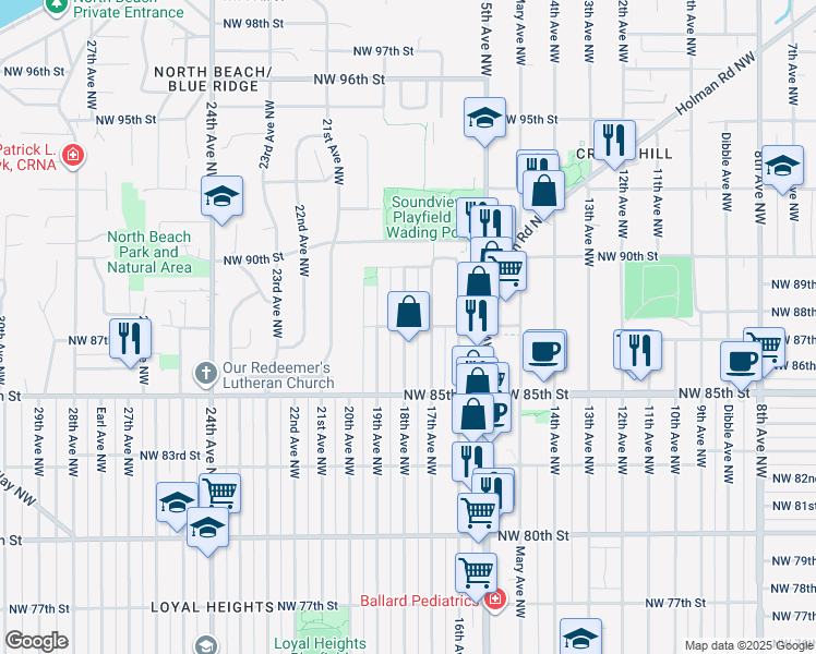 map of restaurants, bars, coffee shops, grocery stores, and more near 8701 18th Avenue Northwest in Seattle