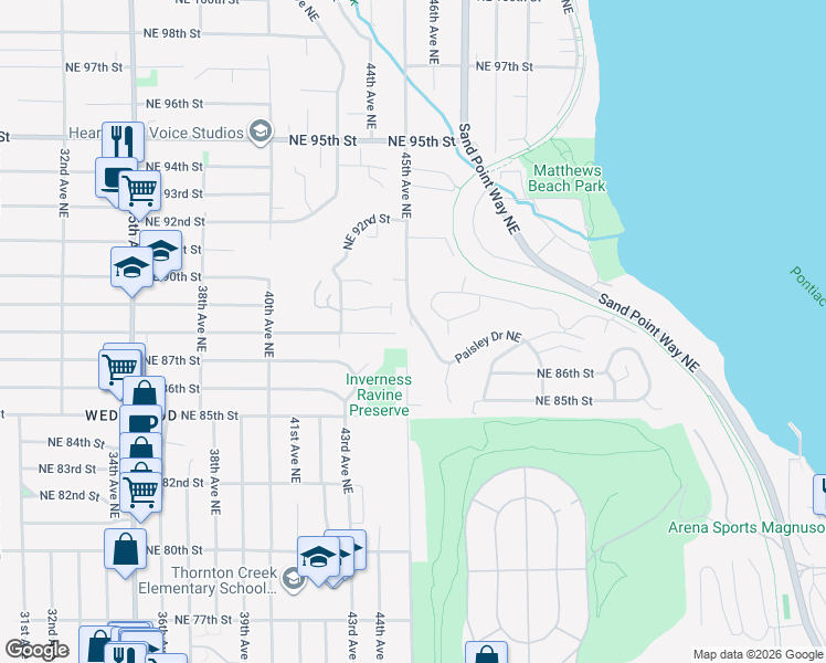 map of restaurants, bars, coffee shops, grocery stores, and more near 8897 Paisley Drive Northeast in Seattle