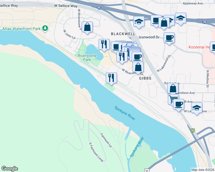 map of restaurants, bars, coffee shops, grocery stores, and more near 1992 Bellerive Lane in Coeur d'Alene