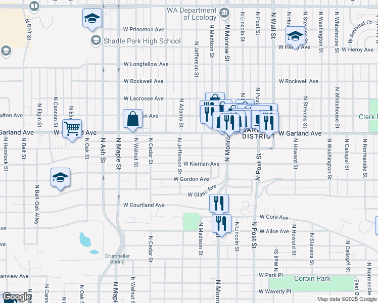 map of restaurants, bars, coffee shops, grocery stores, and more near 1123 West Providence Avenue in Spokane