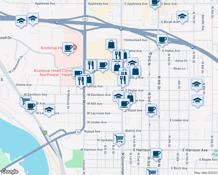 map of restaurants, bars, coffee shops, grocery stores, and more near 306 Emma Avenue in Coeur d'Alene