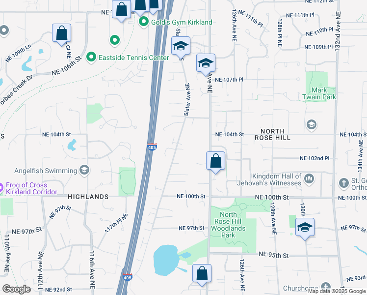 map of restaurants, bars, coffee shops, grocery stores, and more near 12216 Northeast 103rd Lane in Kirkland