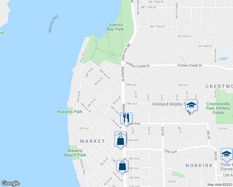 map of restaurants, bars, coffee shops, grocery stores, and more near 718 19th Lane West in Kirkland