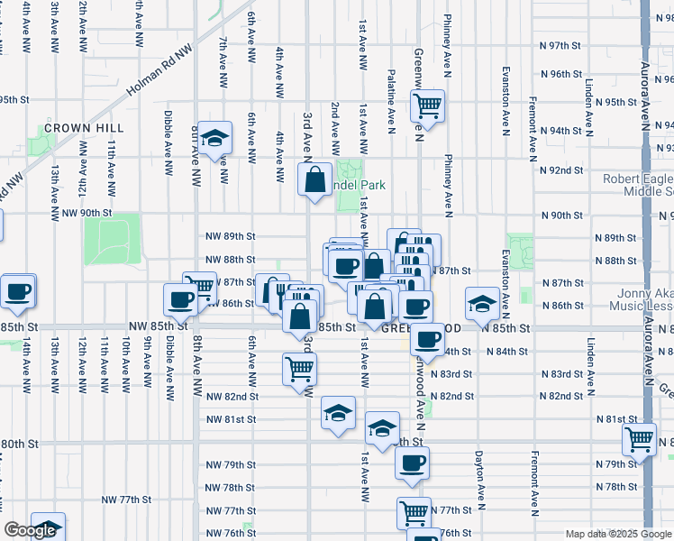 map of restaurants, bars, coffee shops, grocery stores, and more near 2nd Avenue Northwest in Seattle