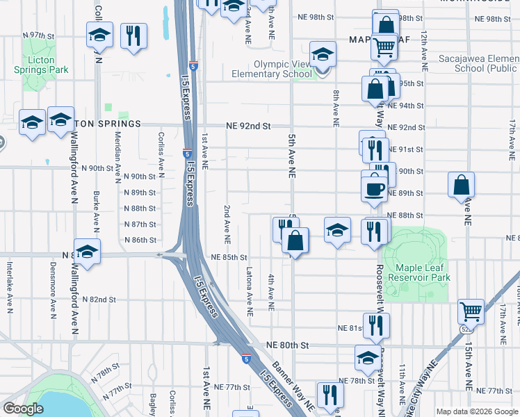 map of restaurants, bars, coffee shops, grocery stores, and more near 312 Northeast 88th Street in Seattle