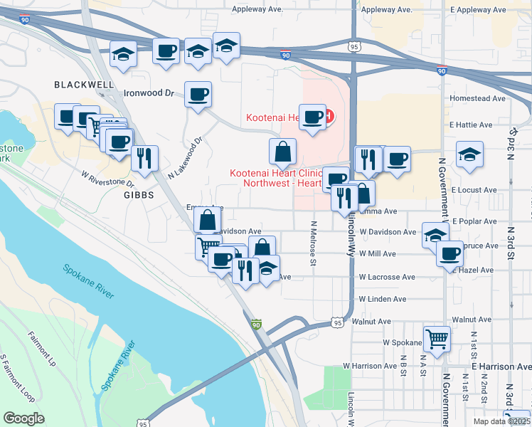 map of restaurants, bars, coffee shops, grocery stores, and more near 928 Emma Avenue in Coeur d'Alene