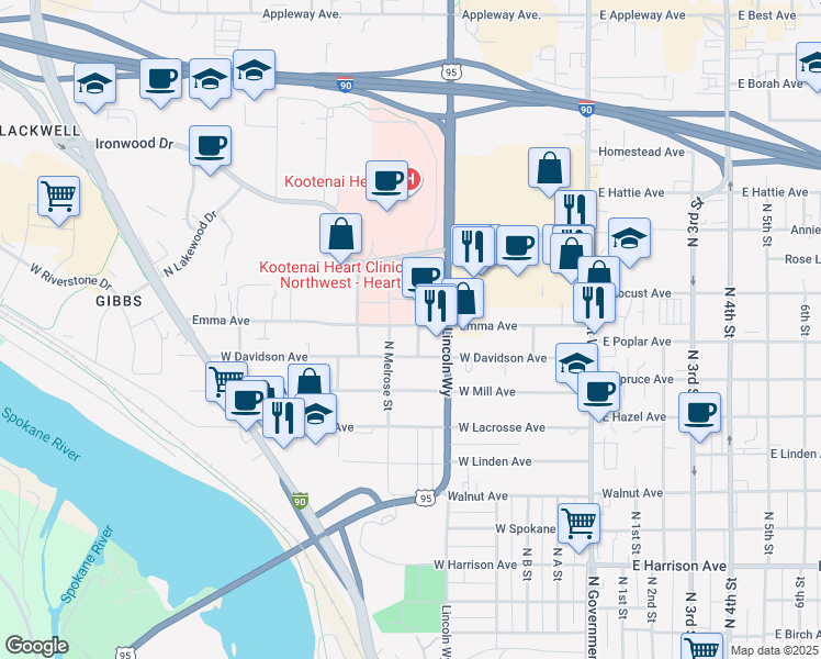 map of restaurants, bars, coffee shops, grocery stores, and more near 1819 North Nora Street in Coeur d'Alene