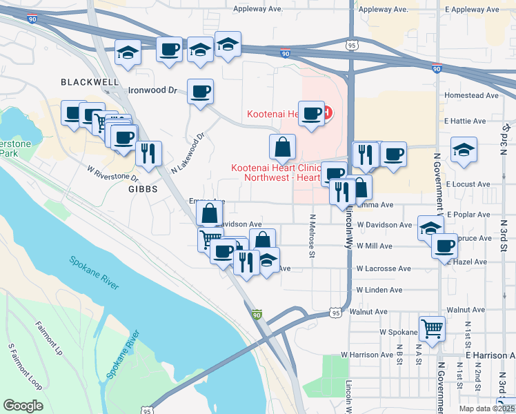 map of restaurants, bars, coffee shops, grocery stores, and more near 928 Emma Avenue in Coeur d'Alene