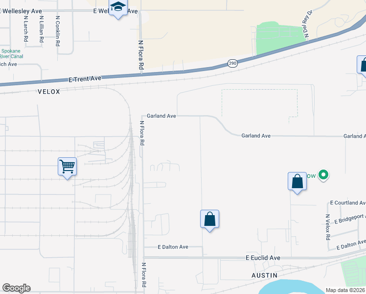 map of restaurants, bars, coffee shops, grocery stores, and more near 3401 North Tschirley Road in Spokane Valley
