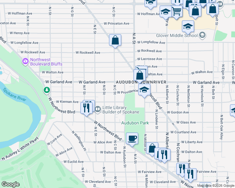 map of restaurants, bars, coffee shops, grocery stores, and more near 3728 North C Street in Spokane
