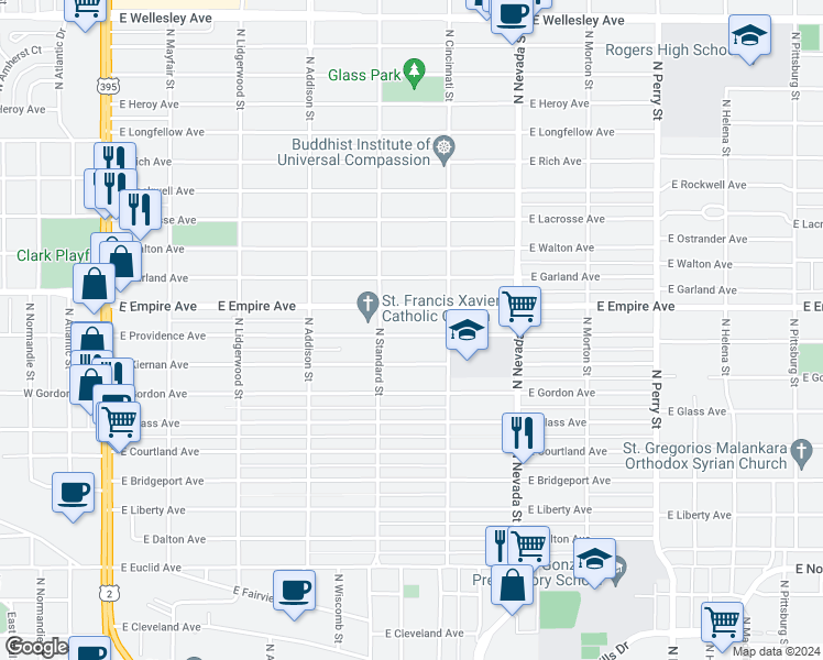 map of restaurants, bars, coffee shops, grocery stores, and more near 629 East Providence Avenue in Spokane