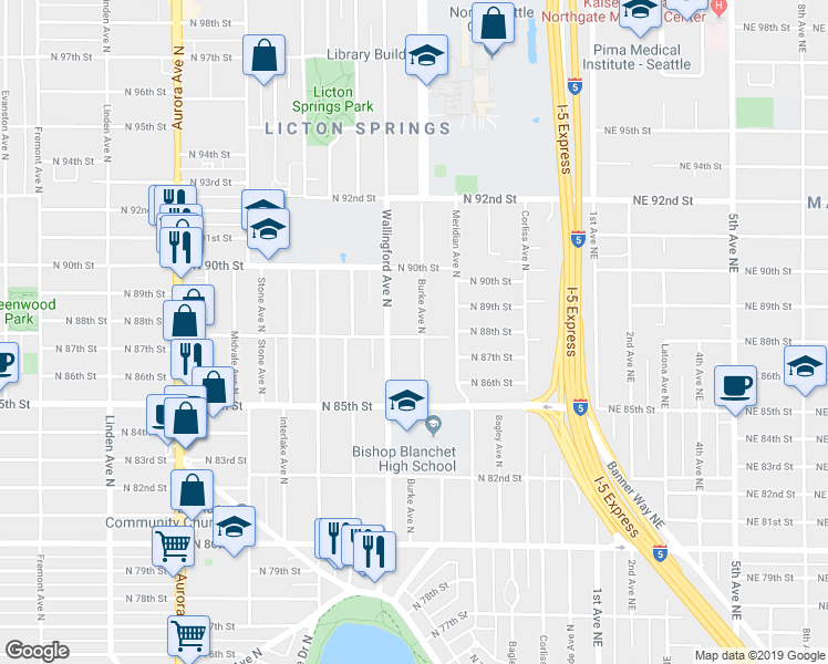 map of restaurants, bars, coffee shops, grocery stores, and more near 8803 Burke Avenue North in Seattle