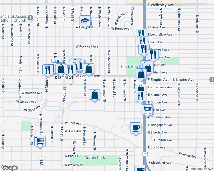 map of restaurants, bars, coffee shops, grocery stores, and more near 3802 N Washington St in Spokane