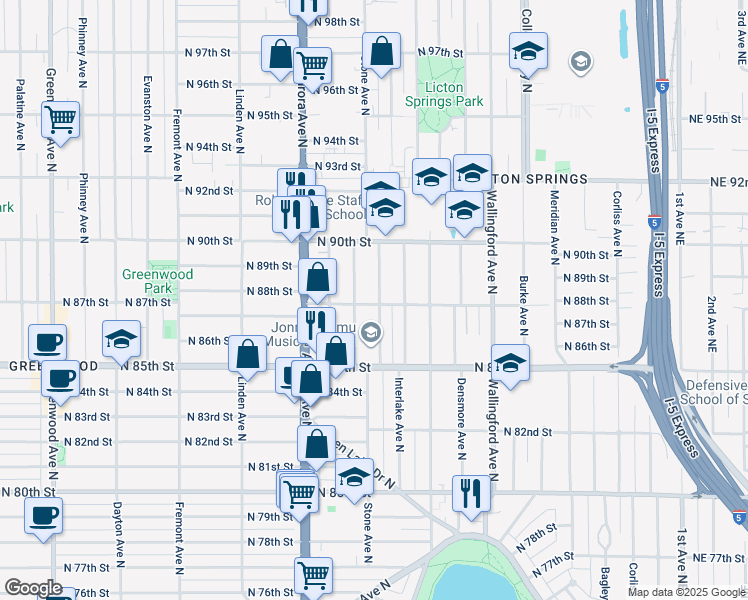 map of restaurants, bars, coffee shops, grocery stores, and more near 1222 North 88th Street in Seattle