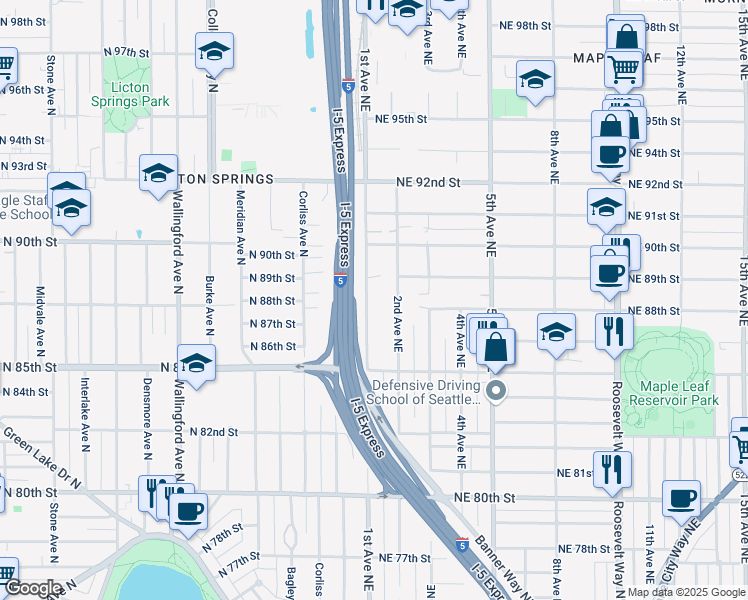 map of restaurants, bars, coffee shops, grocery stores, and more near 8806 1st Avenue Northeast in Seattle