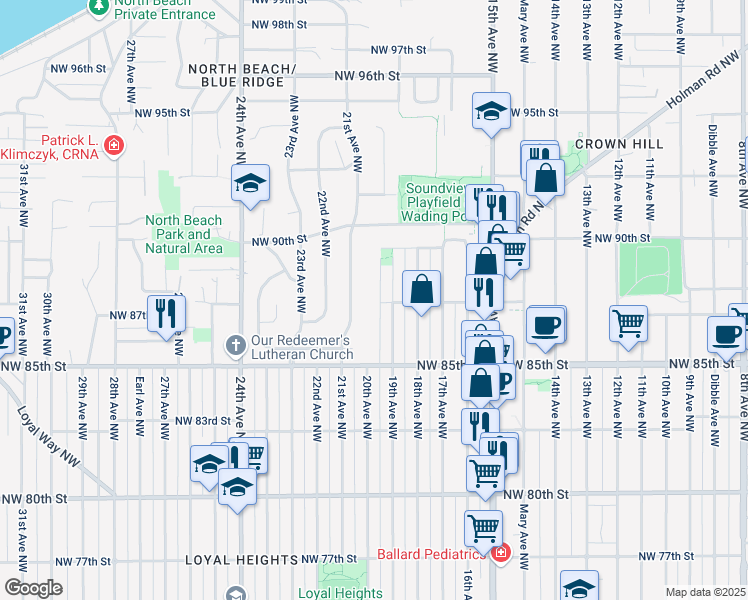 map of restaurants, bars, coffee shops, grocery stores, and more near 8700 20th Avenue Northwest in Seattle