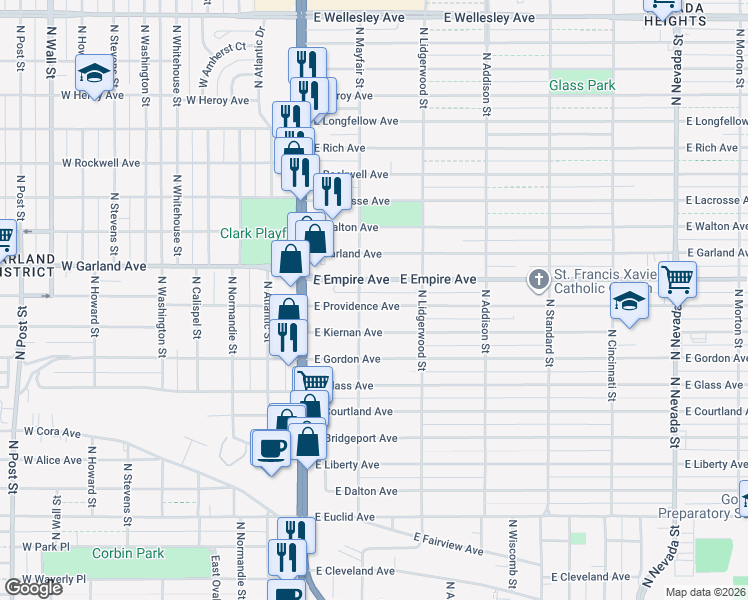 map of restaurants, bars, coffee shops, grocery stores, and more near 111 East Providence Avenue in Spokane