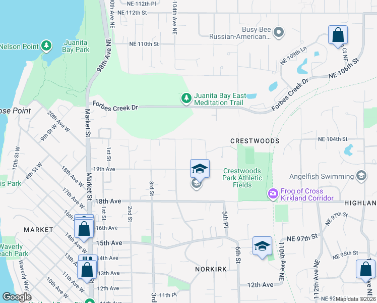 map of restaurants, bars, coffee shops, grocery stores, and more near 1936 4th Street in Kirkland