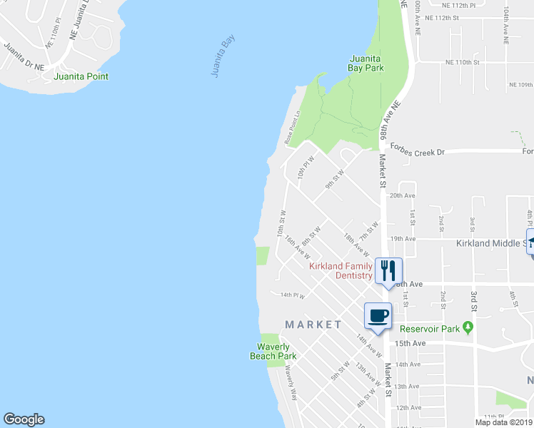 map of restaurants, bars, coffee shops, grocery stores, and more near 1621 10th Street West in Kirkland