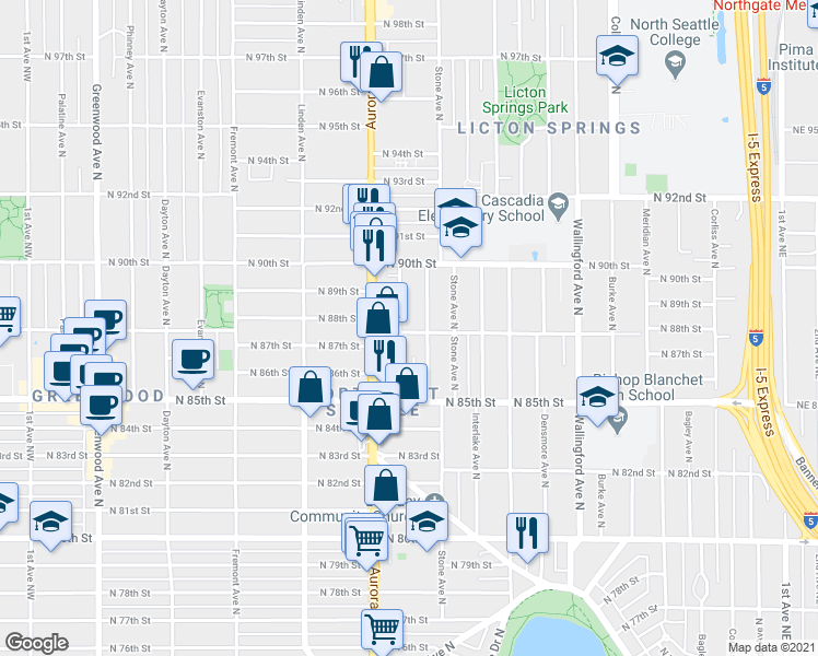 map of restaurants, bars, coffee shops, grocery stores, and more near 8800 Nesbit Avenue North in Seattle