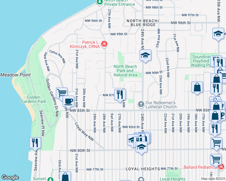 map of restaurants, bars, coffee shops, grocery stores, and more near 8712 28th Avenue Northwest in Seattle