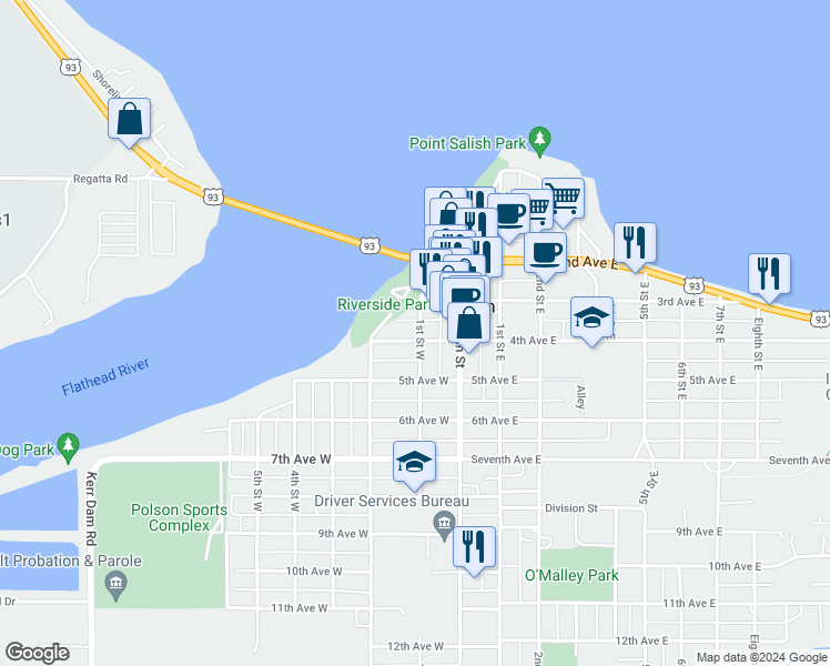 map of restaurants, bars, coffee shops, grocery stores, and more near 410 1st Street West in Polson