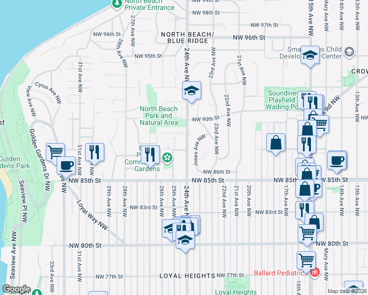 map of restaurants, bars, coffee shops, grocery stores, and more near 8705 24th Avenue Northwest in Seattle