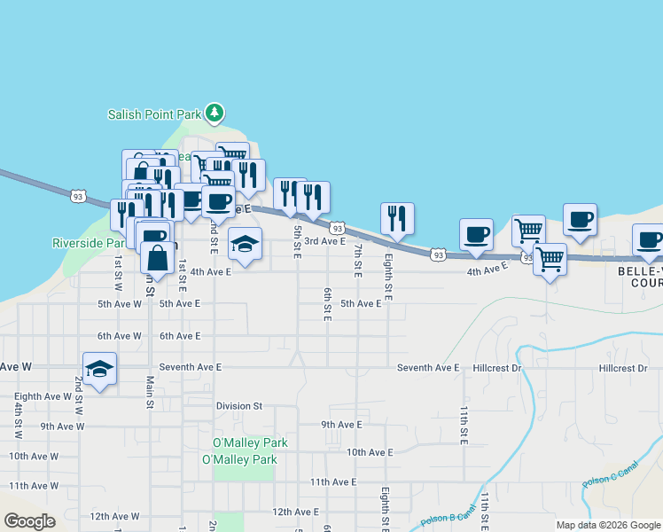map of restaurants, bars, coffee shops, grocery stores, and more near 601 4th Avenue East in Polson