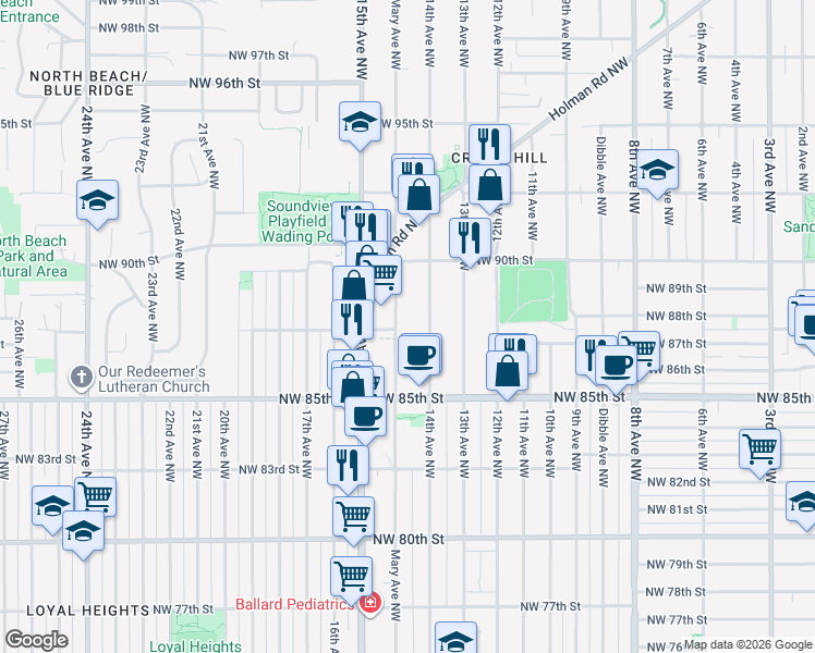map of restaurants, bars, coffee shops, grocery stores, and more near 8705 14th Avenue Northwest in Seattle