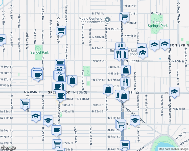 map of restaurants, bars, coffee shops, grocery stores, and more near 725 North 88th Street in Seattle