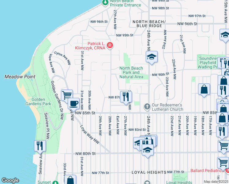 map of restaurants, bars, coffee shops, grocery stores, and more near 8712 28th Avenue Northwest in Seattle