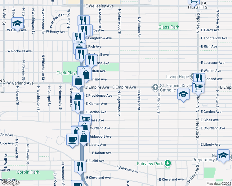 map of restaurants, bars, coffee shops, grocery stores, and more near 223 East Providence Avenue in Spokane