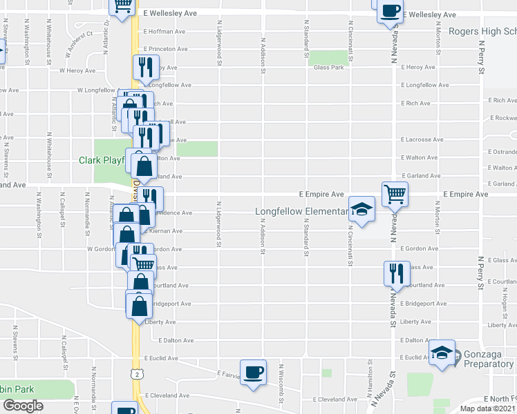 map of restaurants, bars, coffee shops, grocery stores, and more near 427 East Providence Avenue in Spokane
