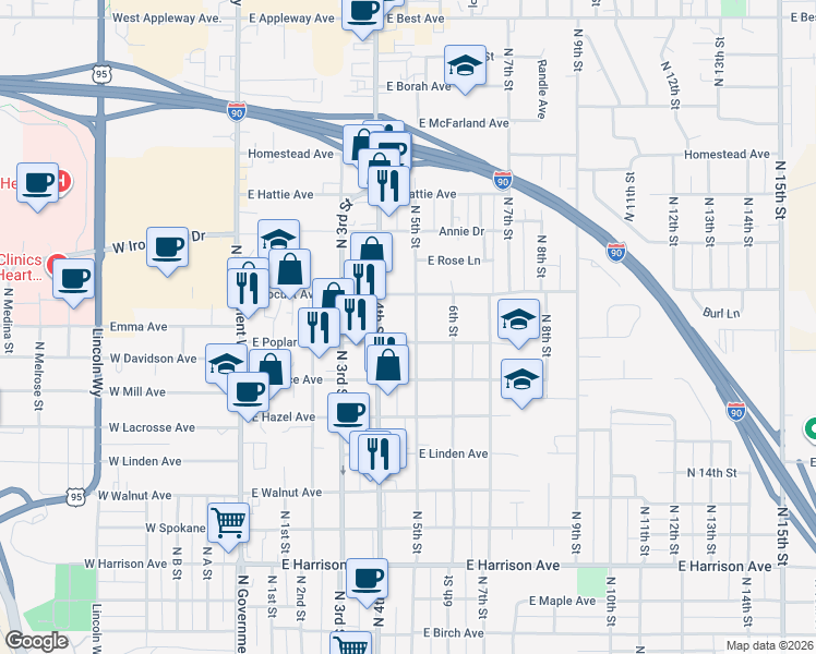 map of restaurants, bars, coffee shops, grocery stores, and more near 1815 North 5th Street in Coeur d'Alene