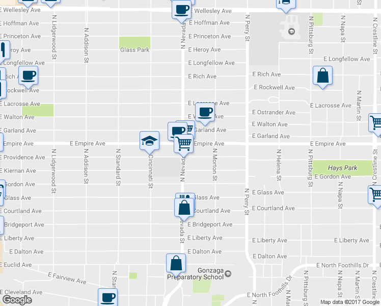 map of restaurants, bars, coffee shops, grocery stores, and more near 1015 East Providence Avenue in Spokane