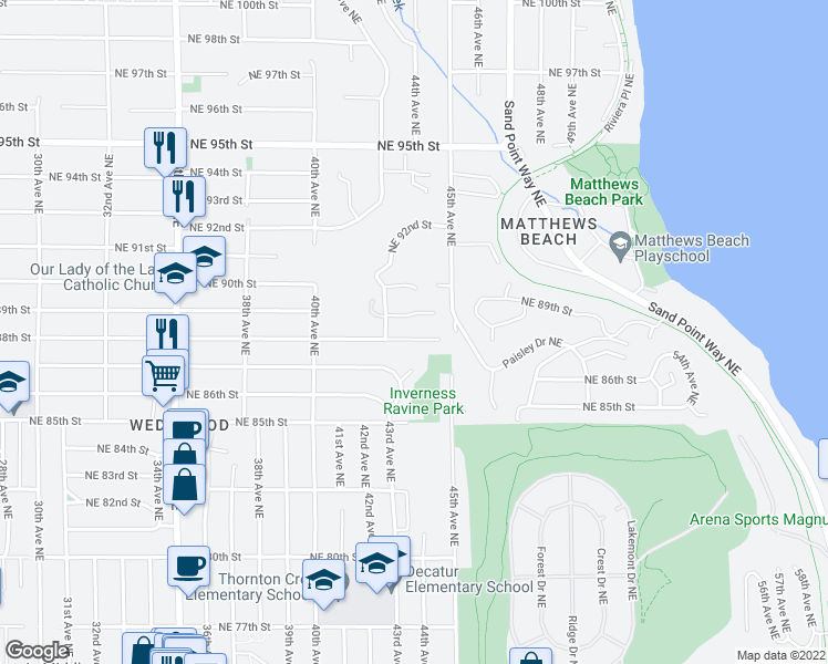map of restaurants, bars, coffee shops, grocery stores, and more near 4226 Northeast 88th Street in Seattle