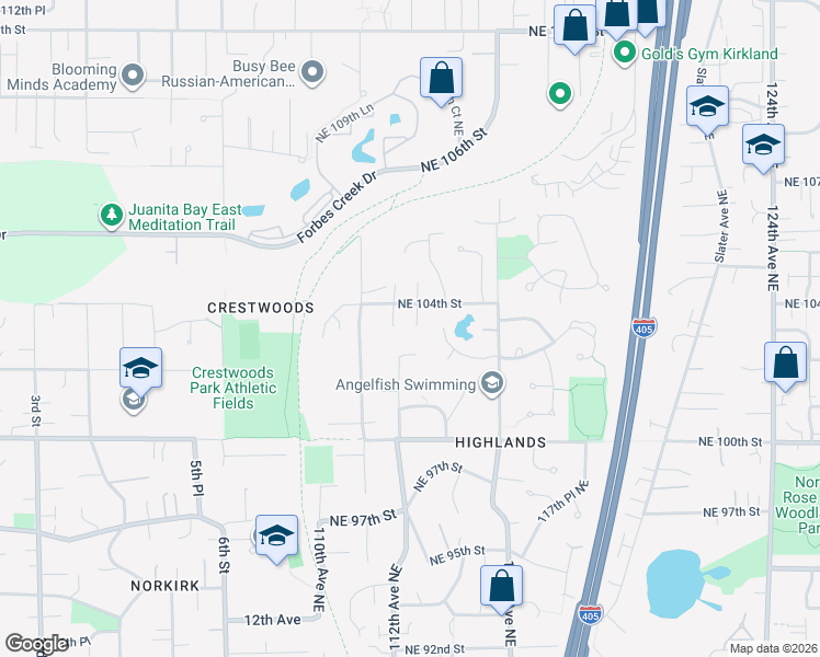 map of restaurants, bars, coffee shops, grocery stores, and more near 10317 113th Court Northeast in Kirkland