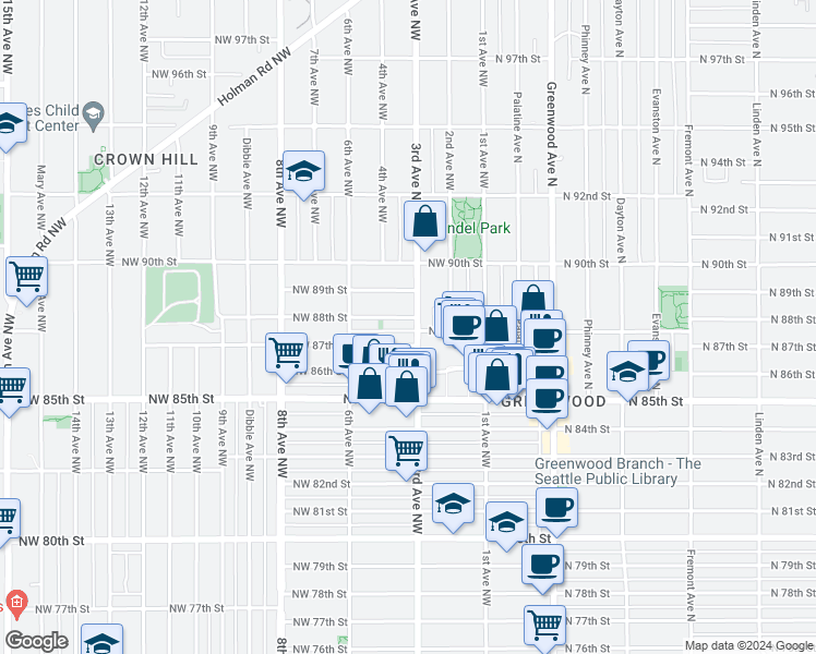 map of restaurants, bars, coffee shops, grocery stores, and more near 303 Northwest 88th Street in Seattle